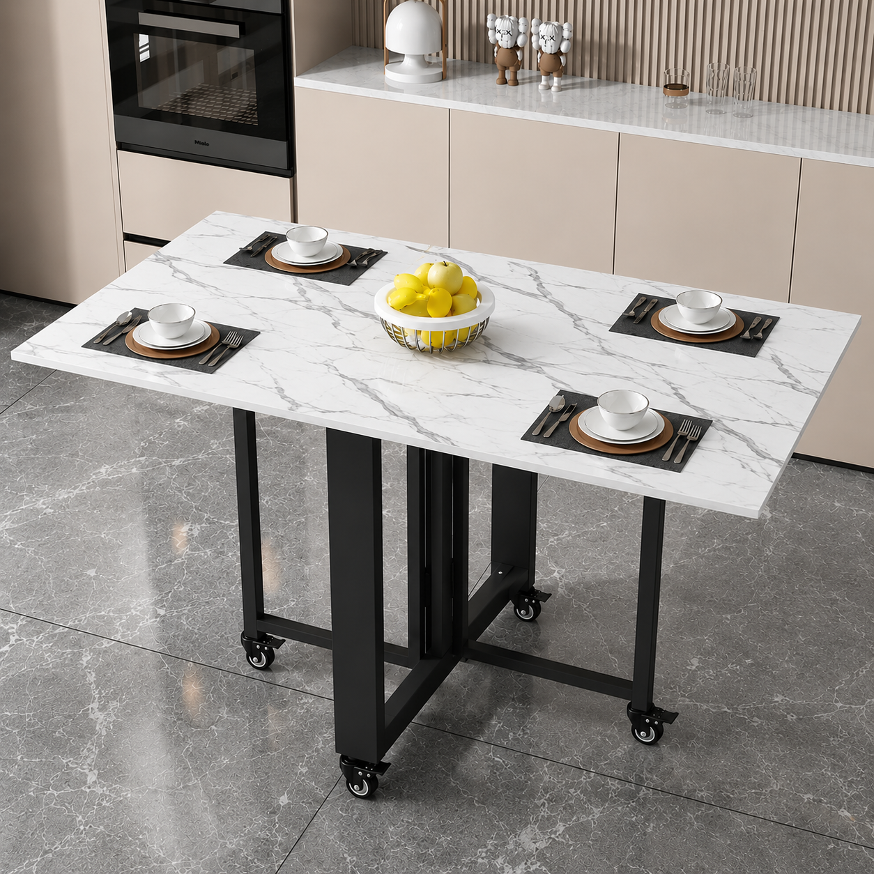 Foldable dinner table for 4 to 6 with modern look, compact table for balcony or kitchen, dining table that folds to save space, multipurpose table for dining and study, glossy marble effect dining table, strong home table for small flat and apartments