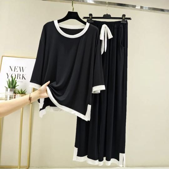 Black Round Neck With Flapper Style Night Suit For Women
