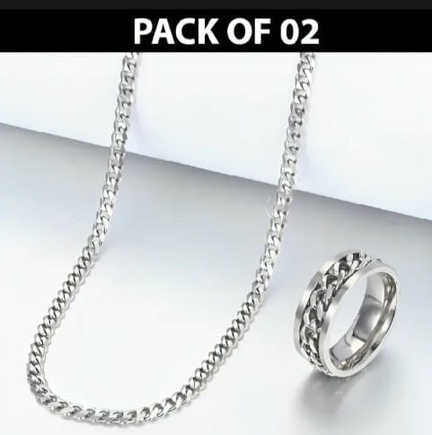 Pack of 2 High Quality Pure Silver Stainless Steel Thin Cuban Chain with bracelet For Men | Best Gift for your friend for birthdays and other occasions | Casual Ring and Bracelet for men