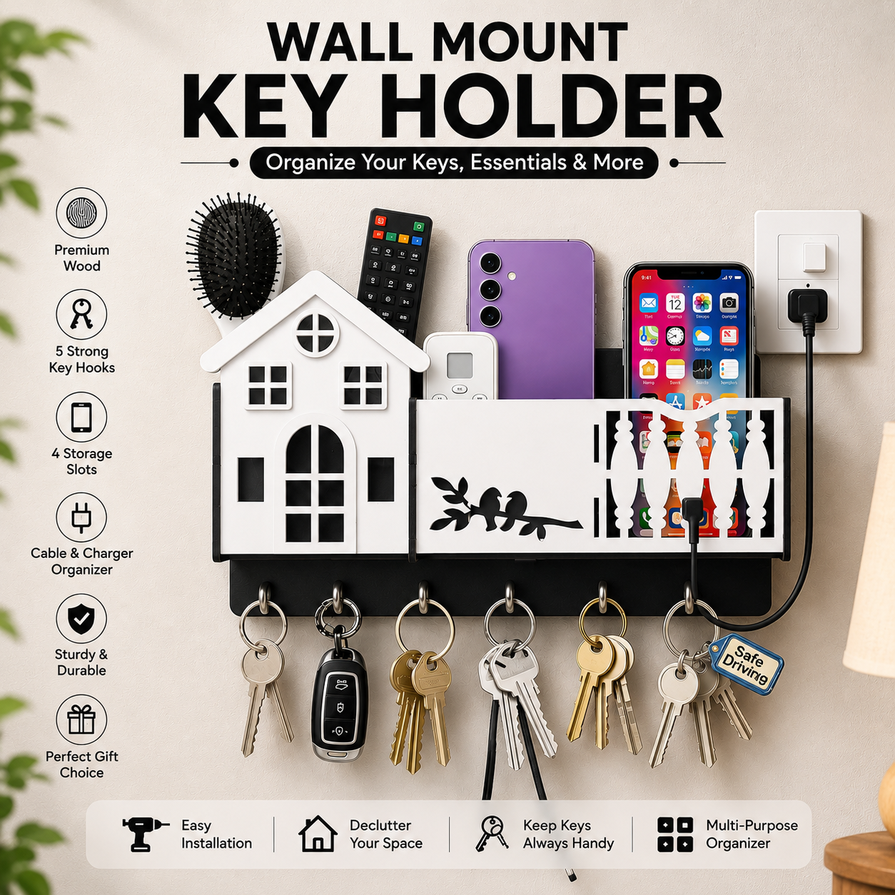 Multipurpose 3D Mobile & key holder Home Design With Sparrow Engraving Wooden Key Holder I Key Holder Wall I Key Holder For Wall I rack I wall shelf I Key Holder Wall Hanging I Key Holders I Home Design Key Holder I Decorating items I Decoration Pieces