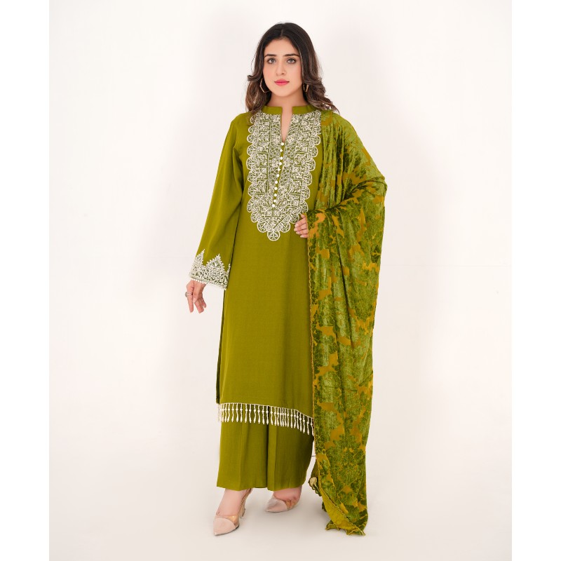 Simple Mehndi Colour Dress Mehndi Green Dhanak Mareena Dress Piece Stitched  Dress For