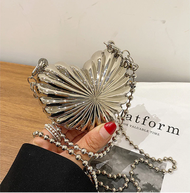 Most Trendy Mini heart clutch Metallic / Acrylic Clutch With Long Chain For Women & Girls