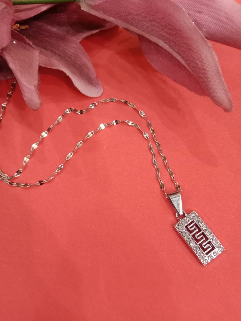 Trendy Silver Plated Stainless Steel Rectangle Pendant Necklace for Women | Stylish Geometric Design Greek Key Charm with CZ Crystals | High Quality Waterproof, Anti-Tarnish, and Hypoallergenic Fashion Jewelry | Elegant Daily Wear Chain Pendant Necklace |