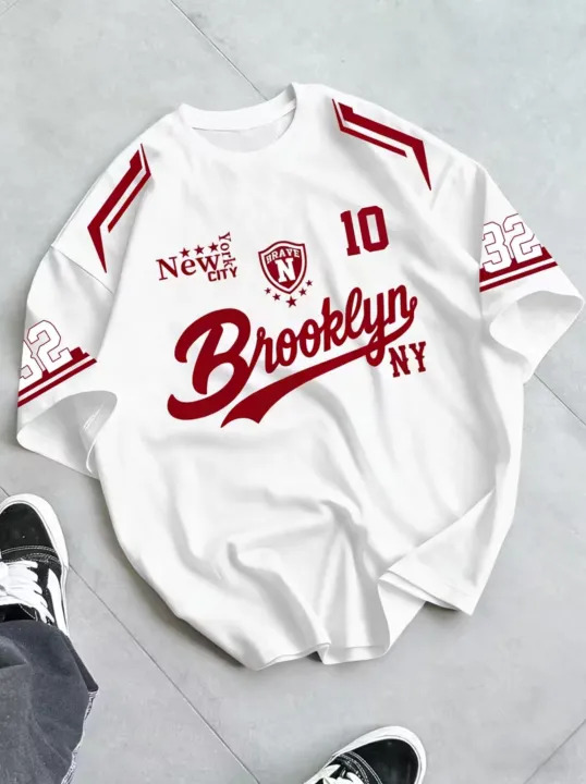 Men's Drop Shoulder Brooklyn No. 23 T-Shirt | Oversized Round Neck Short Sleeve Graphic Print Casual Streetwear Tee