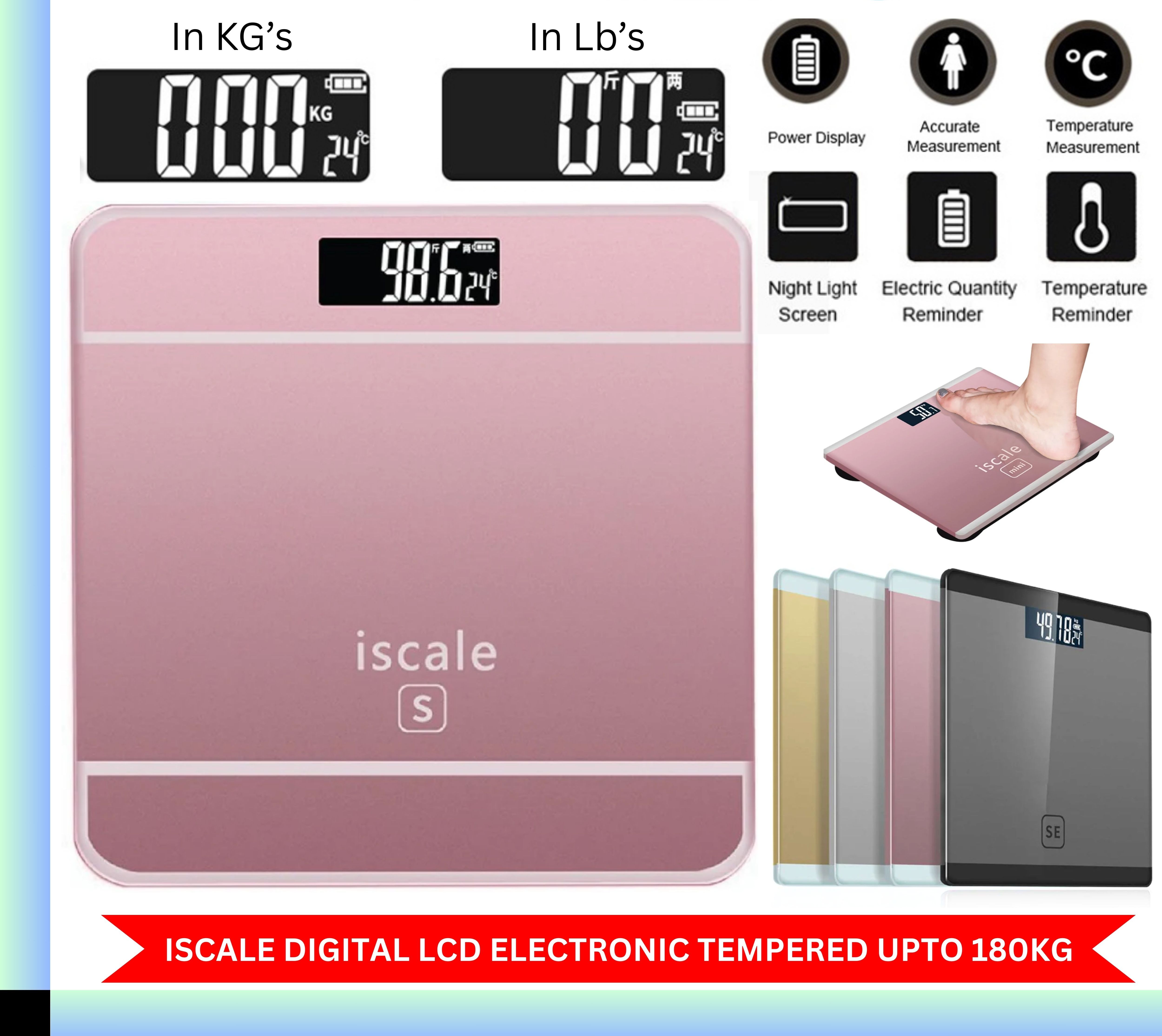 Upto 180kg iScale Rechargeable Weight Machine - Digital Heavy Duty Electronic Weighing Scale with Dual LED Display - Heavy Electric Weight Machine With Durable Steel Quality - For Home & Personal Use - Black/Golden/Pink/Silver