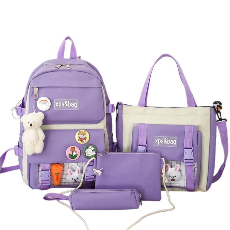 Rabify 17 Inches Canvas Material Multi Pieces Durable Imported Girl's Stylish Trendy Korean Style Bag Backpack for Girls University Bag College Backpack Set for Women School Bag
