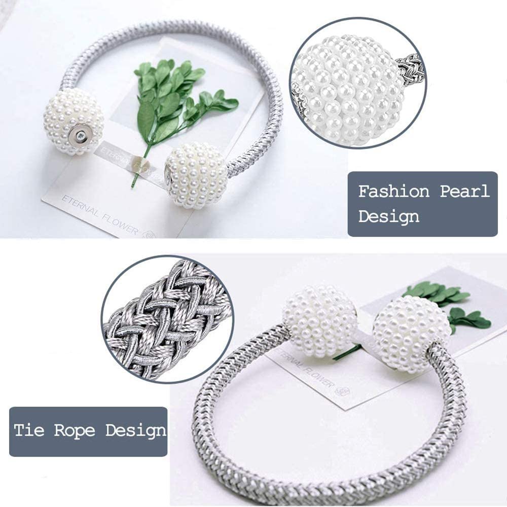 2 PCS Magnetic Pearl Curtain Buckle Magnetic Curtain Tiebacks Convenient Drape Tie European Style Decorative Weave Rope Curtain Rings & Buckles Holder for Window Sheer Blackout Draperies, Braided Straps Ball Buckles,  Parday