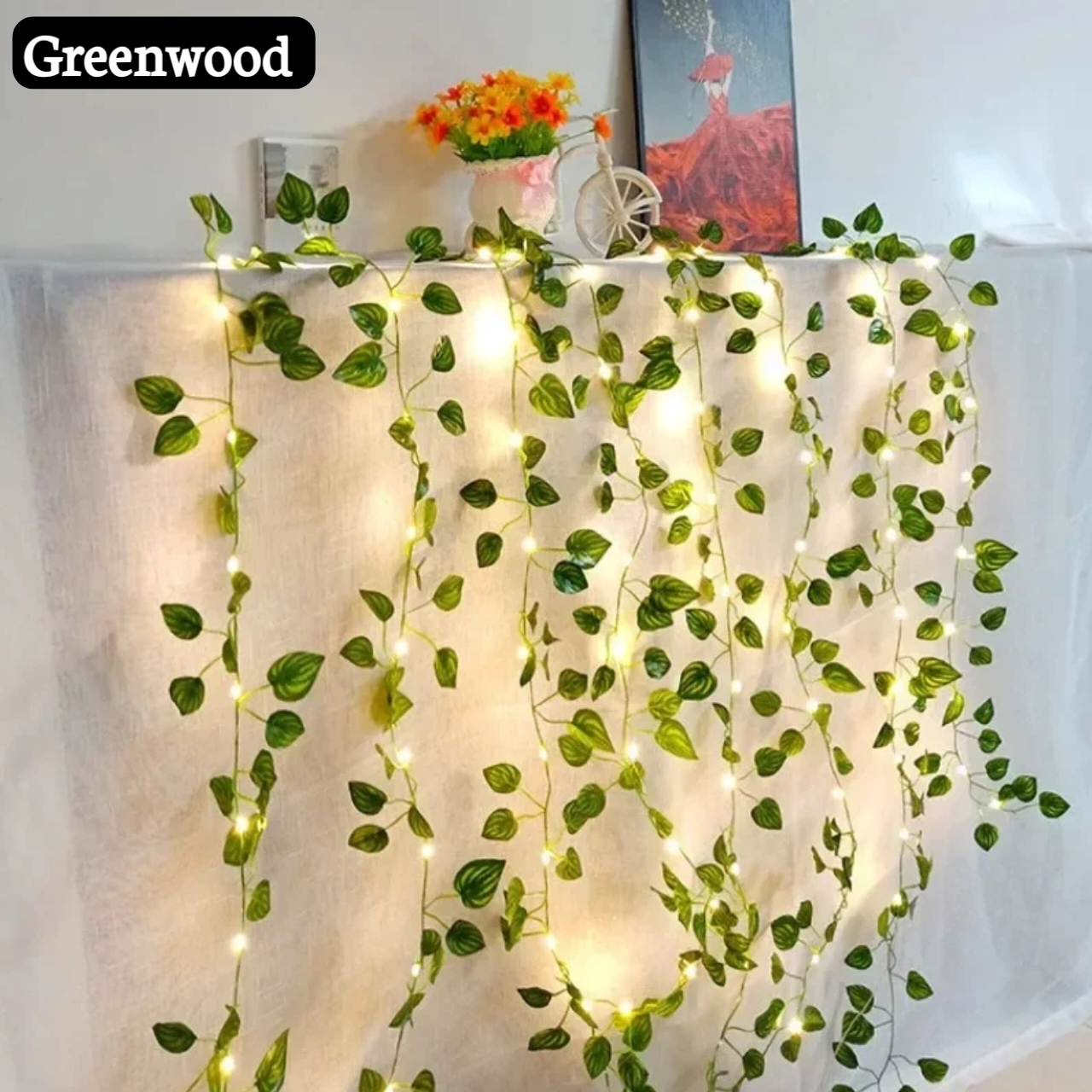 Artificial Plant Leaves bail with 10 ft LED Fairy Lights Battery Operated and 7 ft Bail Leaf Lights for room decoration wall Hanging flowers