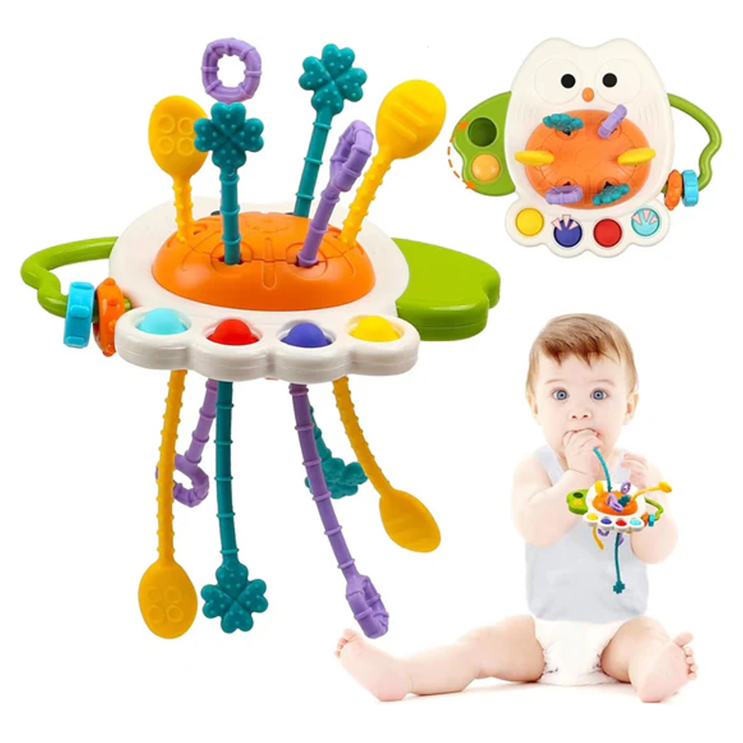 Pull String Dinosaur Baby Sensory Activity Teether Silicone Pull String Toy