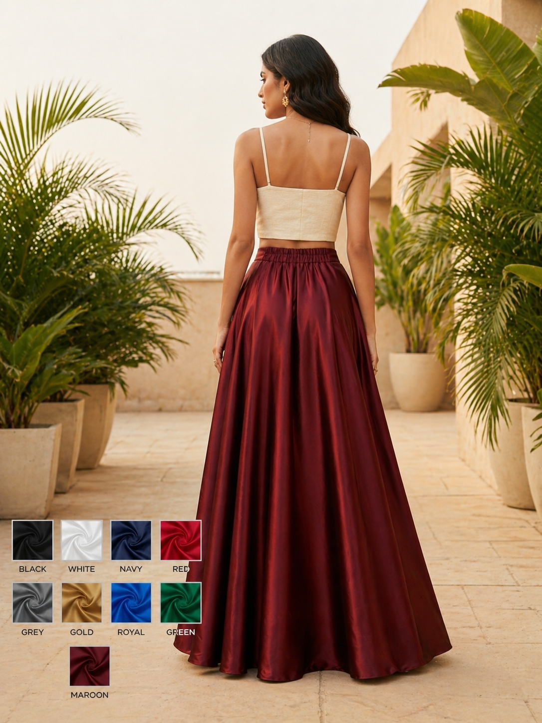 Back Elasticated Solid Silk Flared Swing Maxi Skirt For Women. AE-6707