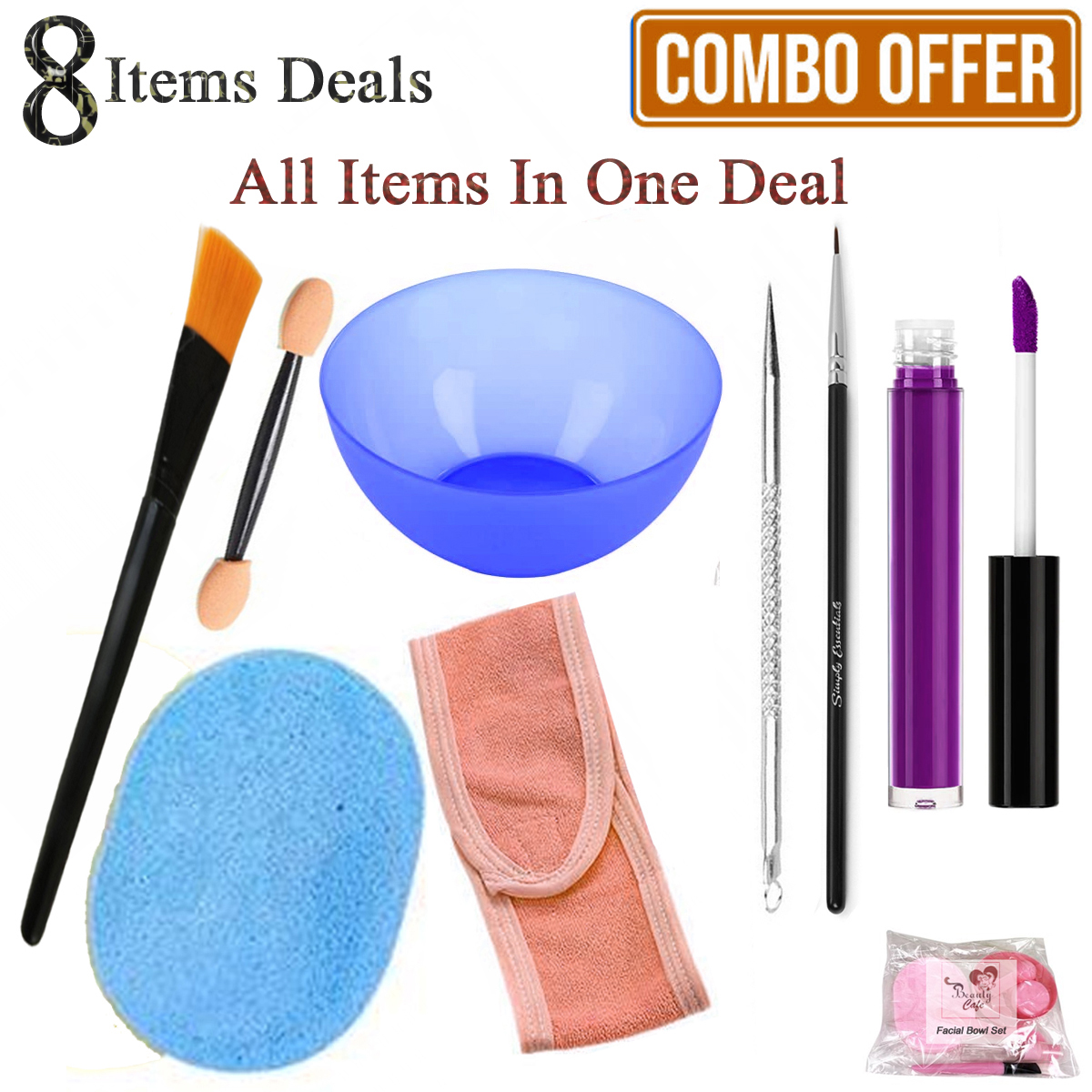 8 Items Makeup Deal Set - Eyeliner and Mini Eyeshadow Brush - Blackhead Remover Pin - Mask Bowl - Lipgloss - Facial Brush - Hair Band - 1 Face Wash Cleansing Sponge Makeup Remover Puff - Make up Deals