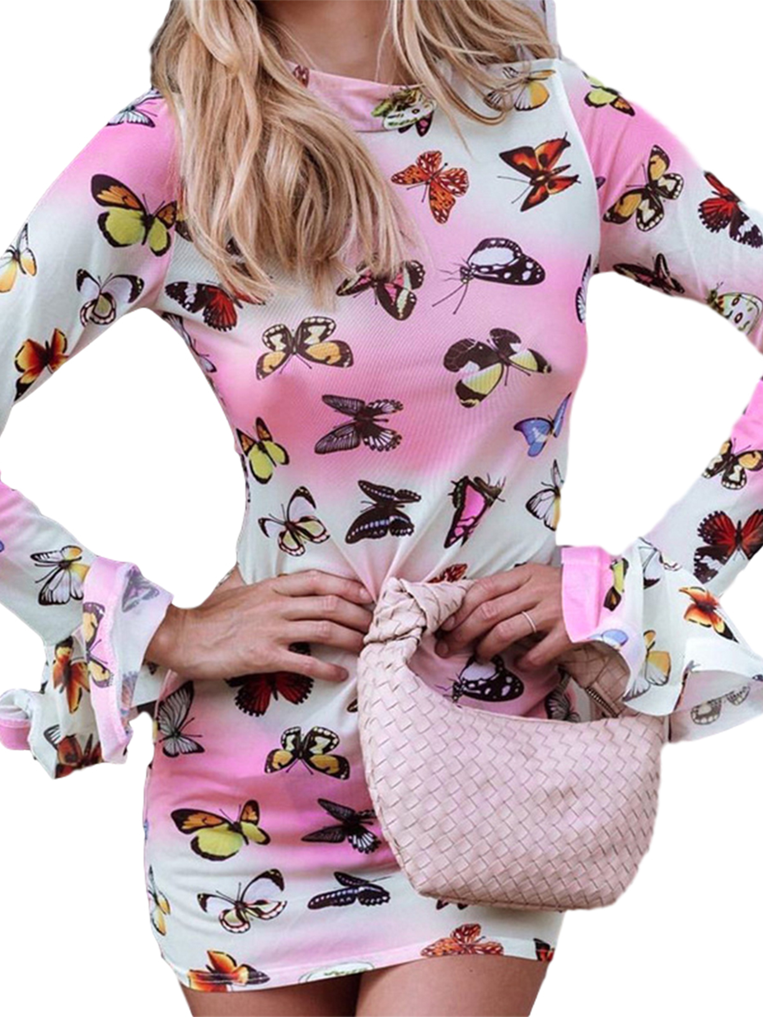 CHEERART Butterfly Pink Long Mesh Dress For Women 2023 Flare Sleeve A Line  Tunics Midi Dress Fashion Fall Clothing - AliExpress
