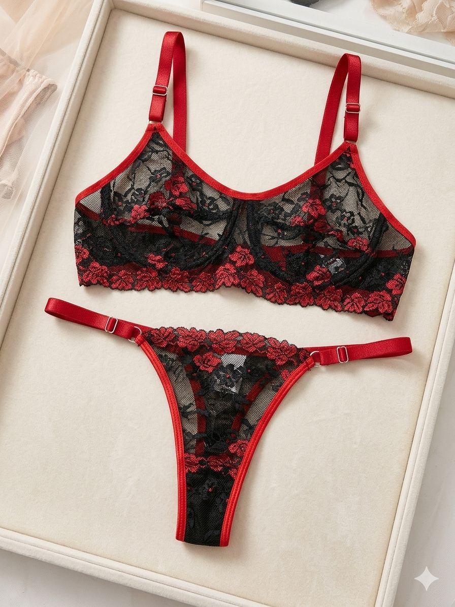 Red Black Transparent Lace Bra Panty Set for Women – See Through Bikini Lingerie – Bridal Lingerie Set – Premium Quality Underwear – Soft Lightweight Bra and Panties – Durable Elastic Comfortable Intimate Wear – Fashionable Women's Lingerie