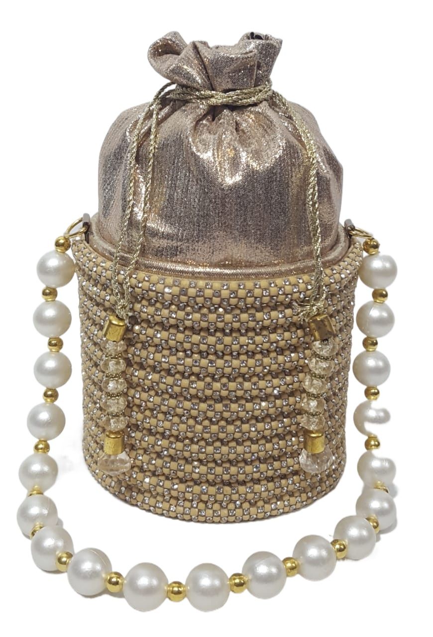 Glimmering Pearl & Bead Embellished Potli Bag with Drawstring Closure - Elegant Evening Pouch