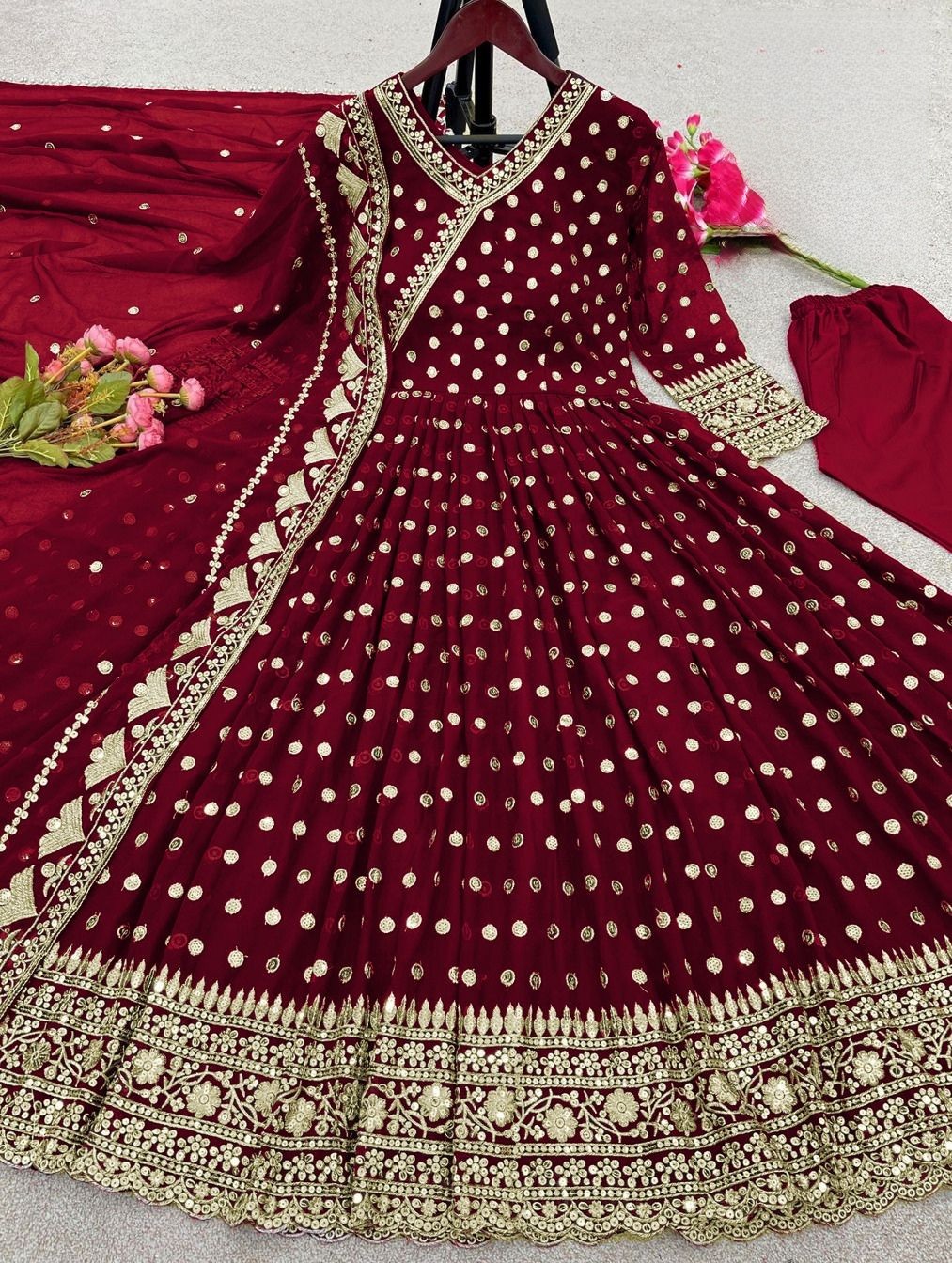Embroidered Dress -- Stitched Heavy Embroidery Long Maxi -- Chiffon Dresses -- Border And Neck Embroidery Handwork Long Maxi -- Ful Emb Dupatta 3Pcs -- Women & Girls