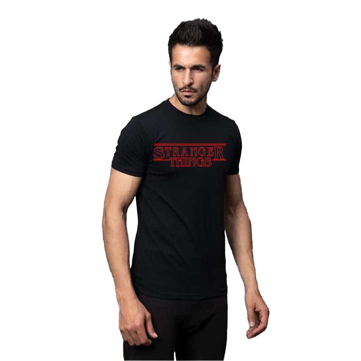Black Stranger Things Printed Cotton Jersey Half Sleeves O-Neck Tshirt For Men