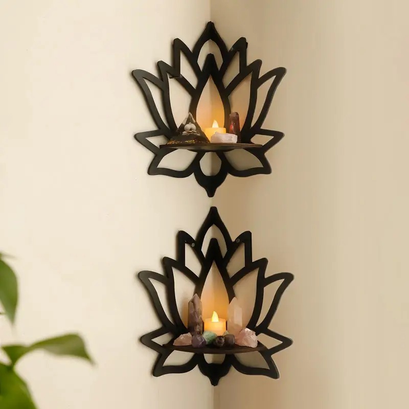 Yes to decor Lotus Shaped Wall Shelf, Modern Wall Mounted Shelf, Wooden Shelf, Corner Shelf, Wall Decoration Items for Toys, Room Decoration Items for Plants, Home Decoration Items for Candles I Decorating Items Candle Holders, Wooden Wall decoration