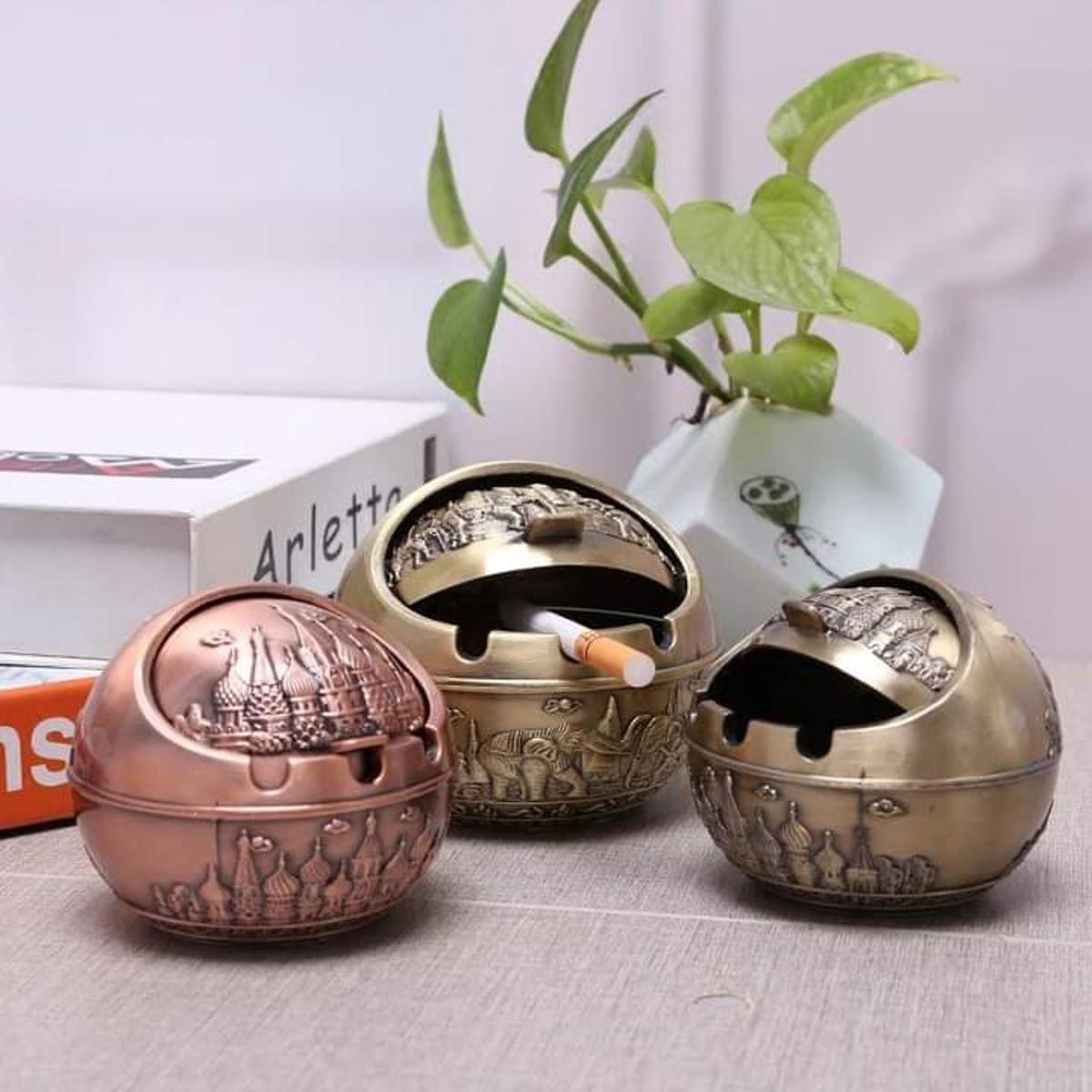 Retro Metal Ashtray Bronze Finish Carved Design Durable Decorative