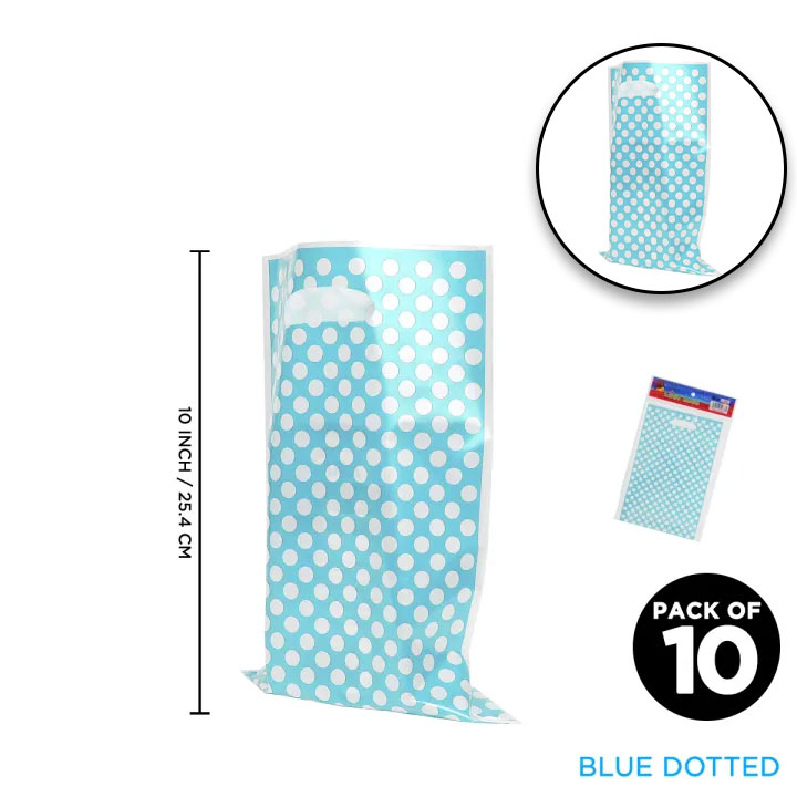 Blue Dotted Party Favor Goodie Bags for Kids Birthday / Baby Shower / Events – Premium Polka Dot Treat Loot Bags – 10 Inch Size – Reusable Plastic Return Gift Bags for Candies, Gifts, Sweets, Toys – Pack of 10