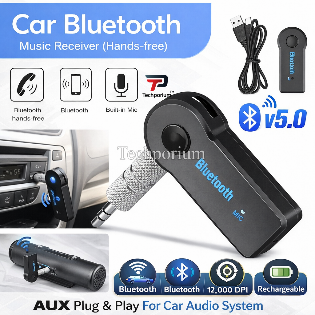 Car Bluetooth Music Receiver AUX Adapter for Car Stereo Wireless Audio Streaming Hands Free Music from Mobile Phone to Car Sound System Easy Plug and Play Bluetooth Receiver Device
