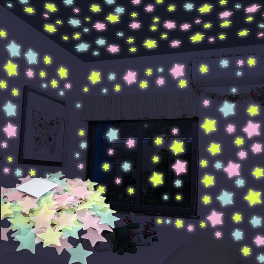 Glow In The Dark Plastic Stars 100 Pcs Ceiling Wall Art Luminous Space Stickers Decoration