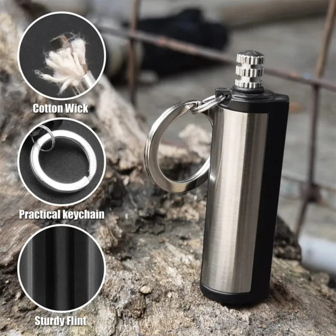 Survival Flint Fire Starter Keychain Lighter – Portable Flint Match Lighter, Windproof & Waterproof for Camping & Hiking – Kerosene Refillable Fire Starter Lighter