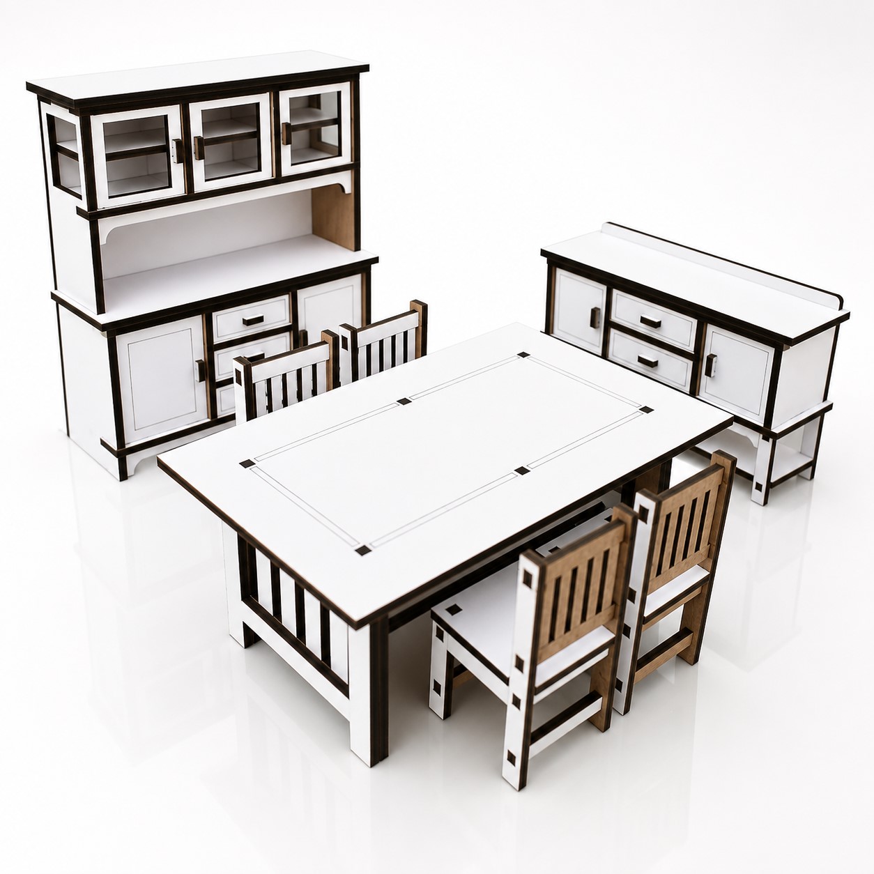 Miniature Wooden Dollhouse Furniture Dining Table Set with Chairs & Kitchen Cabinet | Handmade Mini Home Furniture | Decorative Doll House Furniture for Kids & Home Décor