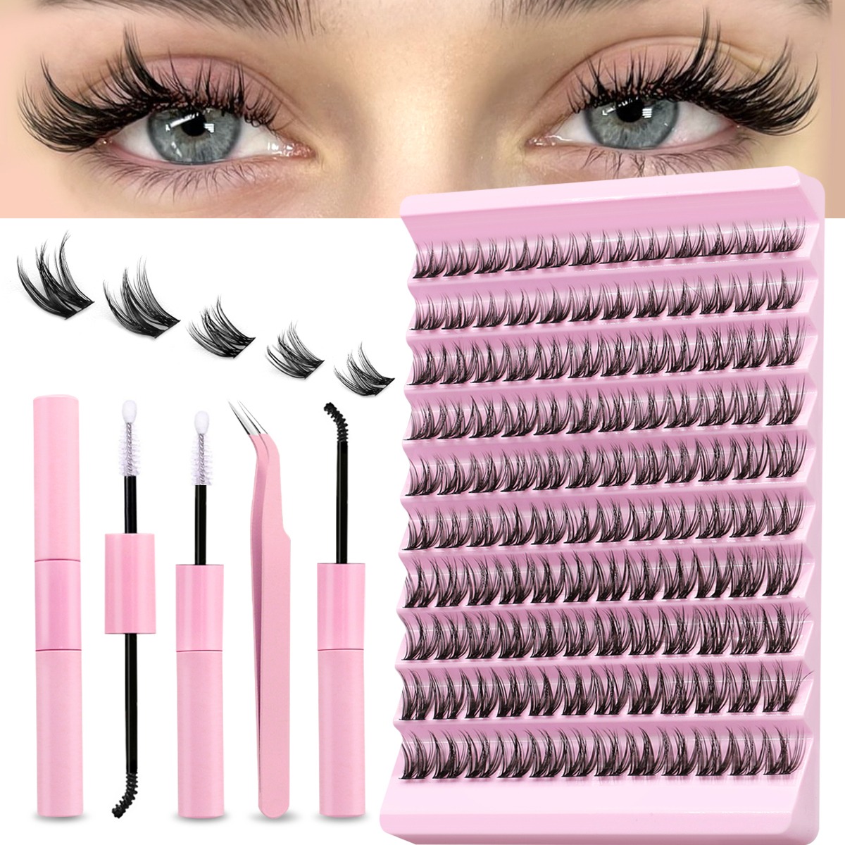 DIY Eyelash Extension kit,Lash Cluster kit waterproof Strong Hold Eyelash Bond, Eyelash Remover and Tweezer (200 Clusters).