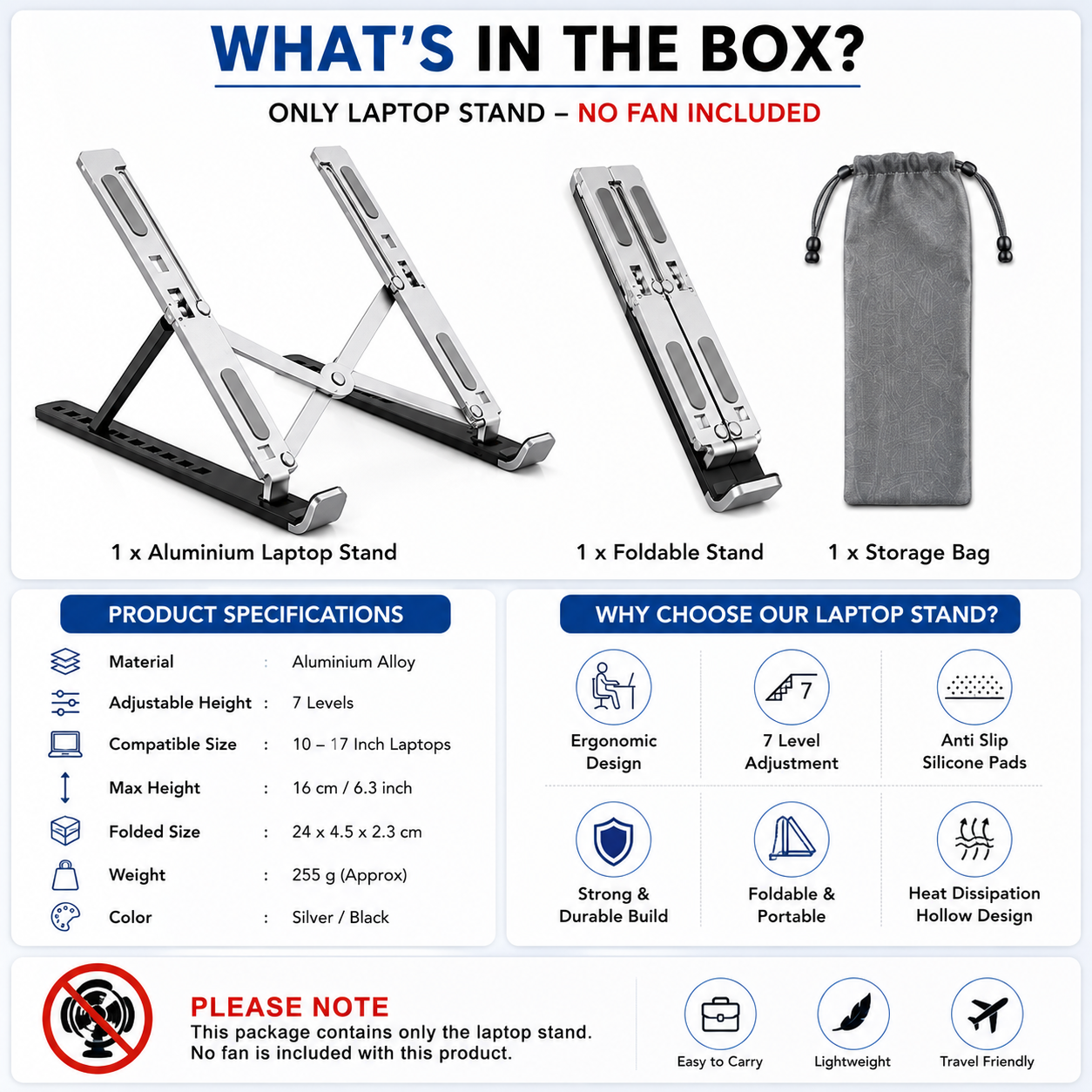 Laptop Cooling Stand Dual Single Fan Detachable Aluminium Adjustable 7 Gear Height Foldable Portable Anti Slip Rubber Grip Full Metal Body Ergonomic Notebook Riser Holder For Makbook Gaming PC Tablet Silver Black Office Home Desk Study Table Use