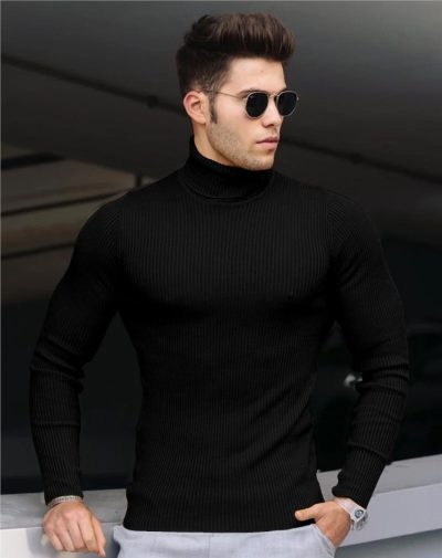 HIGH NECK FOR MEN KND Striped Men Turtle MoreNeck Warmer Lining Slim Fit High Neck BLACK HIGH NECK TURTLE NECK BODY WARMER  TURTLE NECK SWEATER