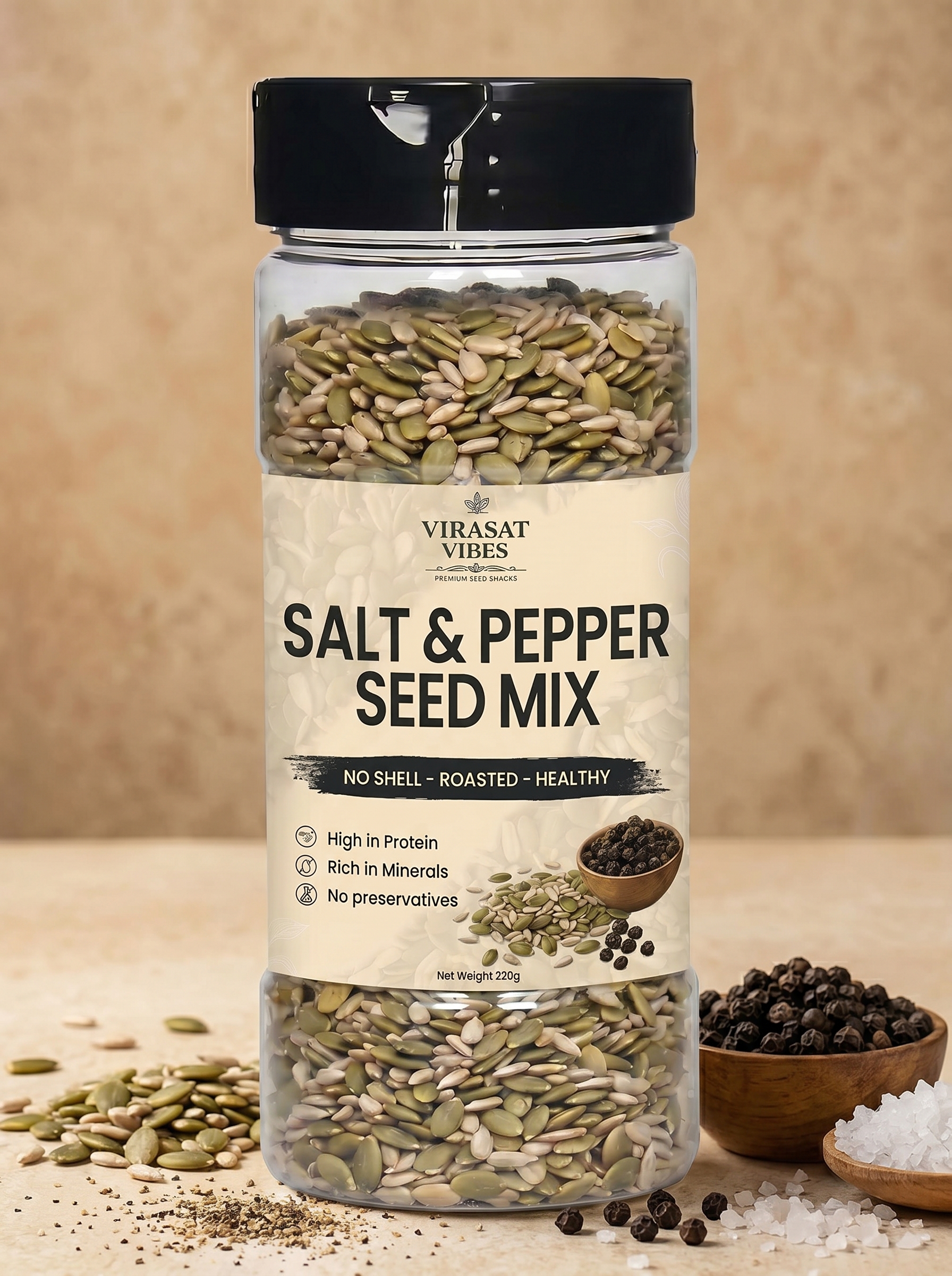 Virasat Vibes Salt & Pepper Seed Mix | Pumpkin Seeds | Sunflower Seeds | Classic Healthy Roasted Seeds Snack | High Protein 220g