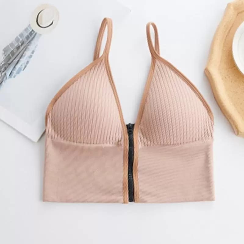 Women Seamless Sport Crop Top Underwear Front Zipper Removable Padded Bra