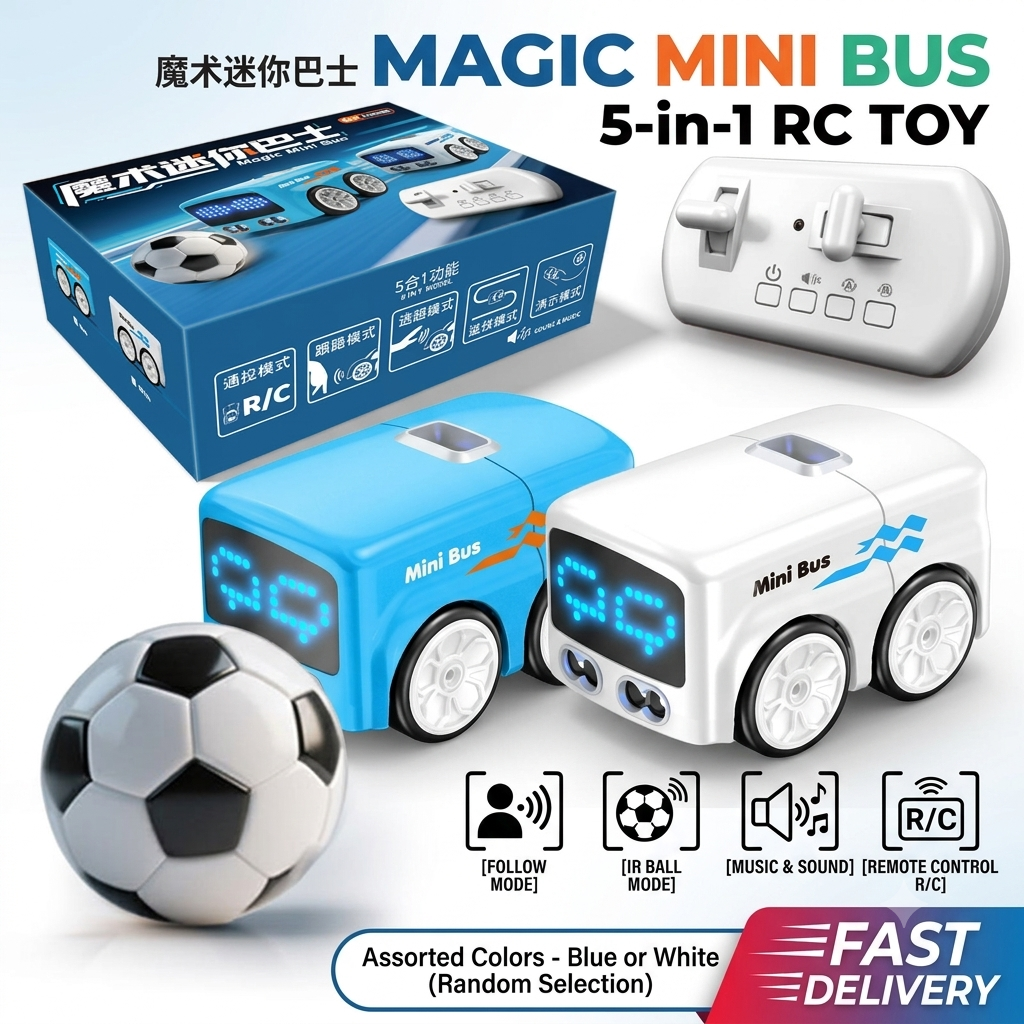 KIDDO KASTLE - Mini RC Intelligent Sensor Stunt Bus | 2.4GHz Remote Control Smart Mini Bus Toy with Object Following, Obstacle Avoidance, Music & Rechargeable Battery | RC Bus for Kids | Blue & White Assorted