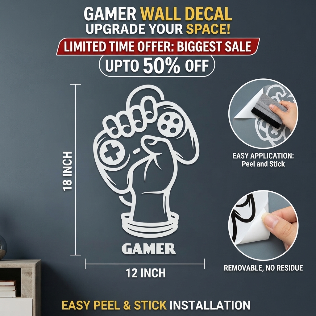 Gamer Hand with Console Wall Sticker PVC Vinyl Decal | Gaming Controller Wall Art | Gamer Room Bedroom Setup Decor | 12 x 18 Inch