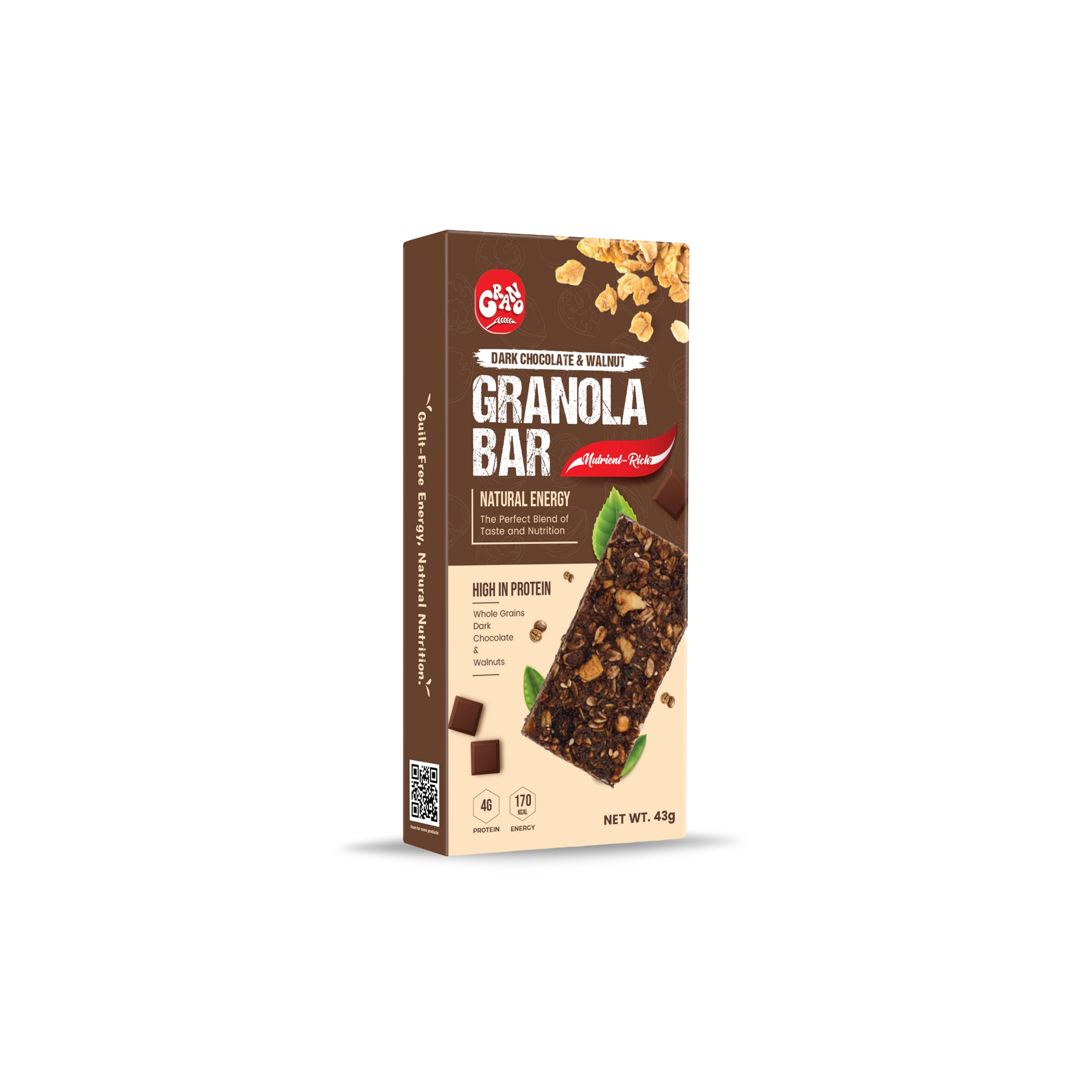 Grano Dark Chocolate & Walnut Granola Bar | Healthy Oats Bar with Nuts | Natural Energy & Protein Bar