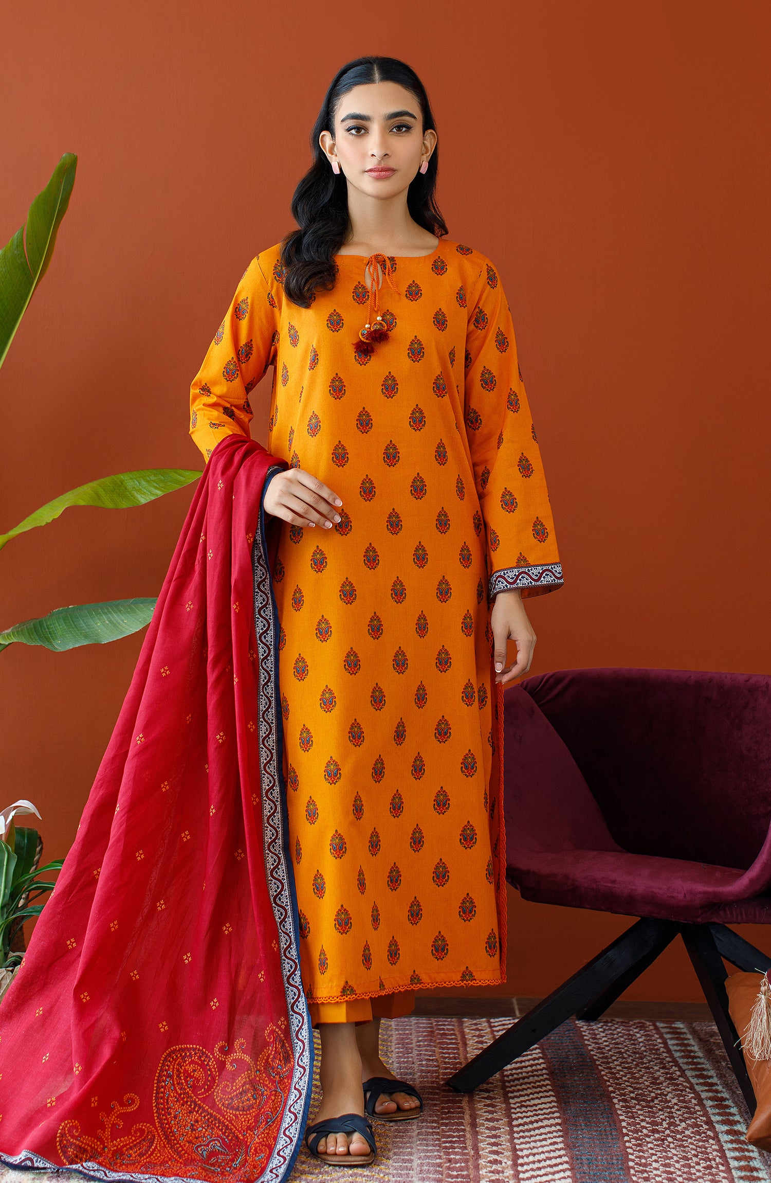 Orient Unstitched 3 Piece Printed Cambric Shirt , Cambric Pant And Lawn Dupatta For Woman and Girls - Colour: Yellow -Design code: OTL-23-329/U YELLOW - Collection: Orient Winter Vol. I 2023