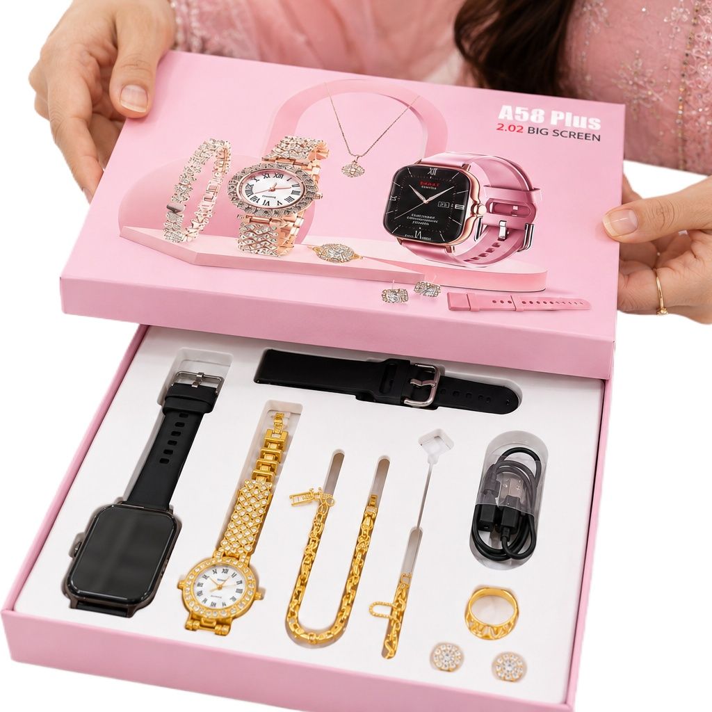 A58 Plus Smart Watch Gift Set for Women | 2.02" HD Display | 7-in-1 Luxury Jewelry Combo | Smartwatch with Watch Strap, Necklace, Ring, Earrings & Charger