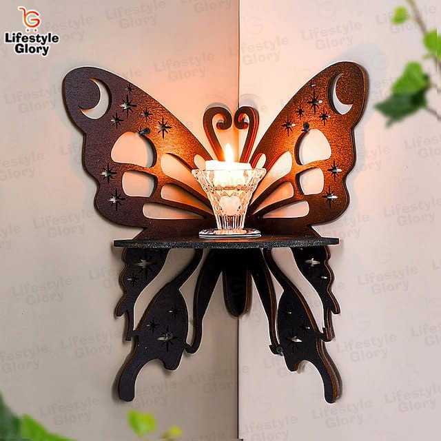 Lifestyle Glory Brand Corner Decorative Butterfly Wall Shelf I Modern Wall Mounted Shelf, Wooden Shelf, Corner Shelf, Wall Decoration Items for Toys, Room Decoration Items for Plants, Home Decoration Items for Candles,