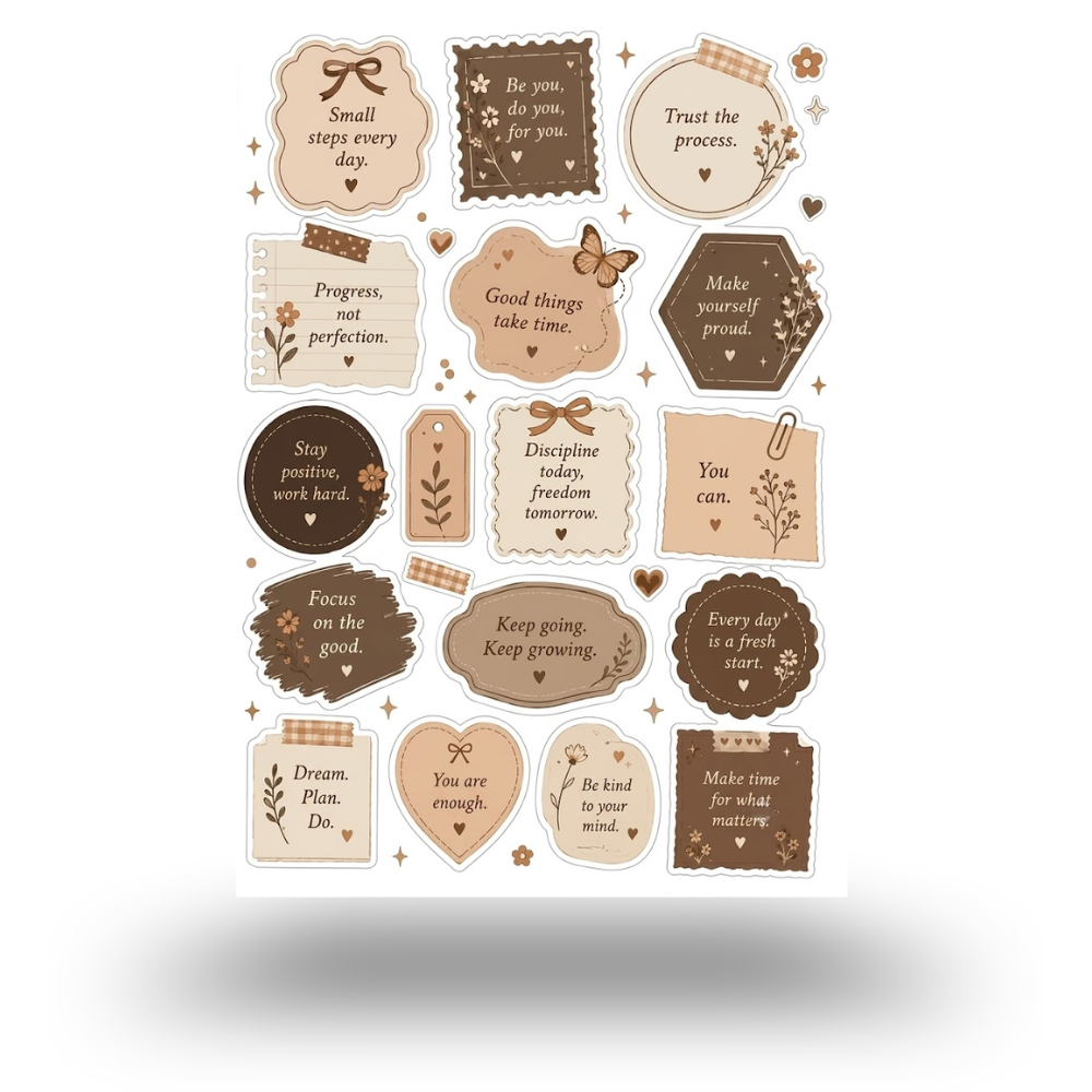Aesthetic Brown Stamps Sticker Sheet | Journal Aesthetic Stickers - Uncut and A6 Sized (10x15cm) Art for Laptops, Journals, and More - Express Yourself Creatively for Girls and Boys