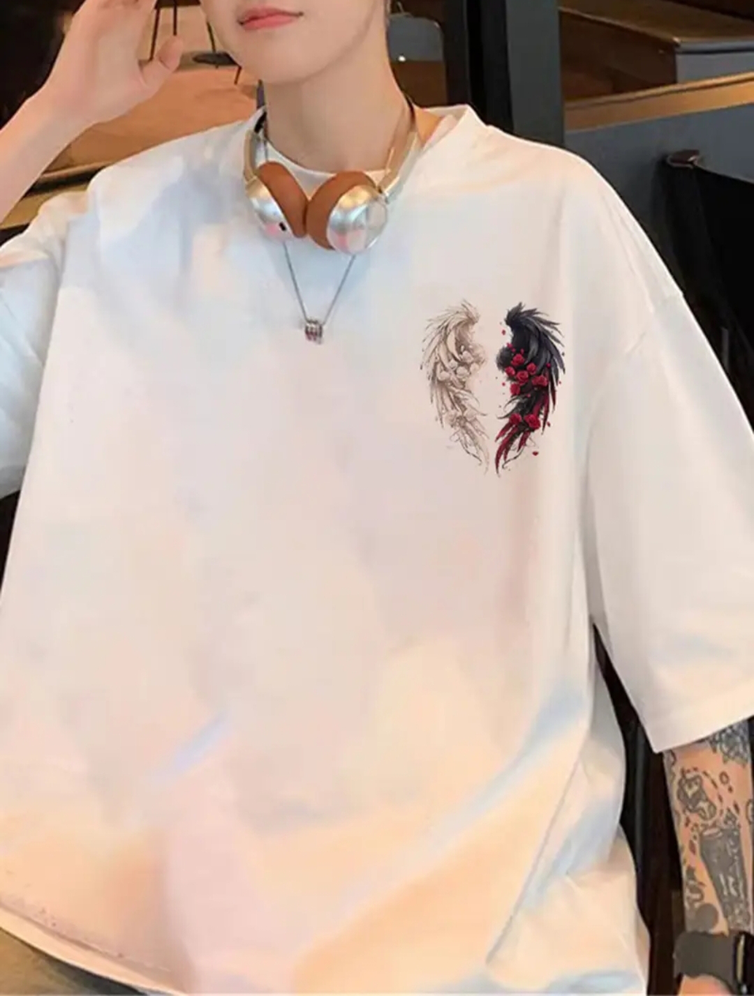 Angel/devil printed drop shoulder tshirt for men soft and comfortable febric