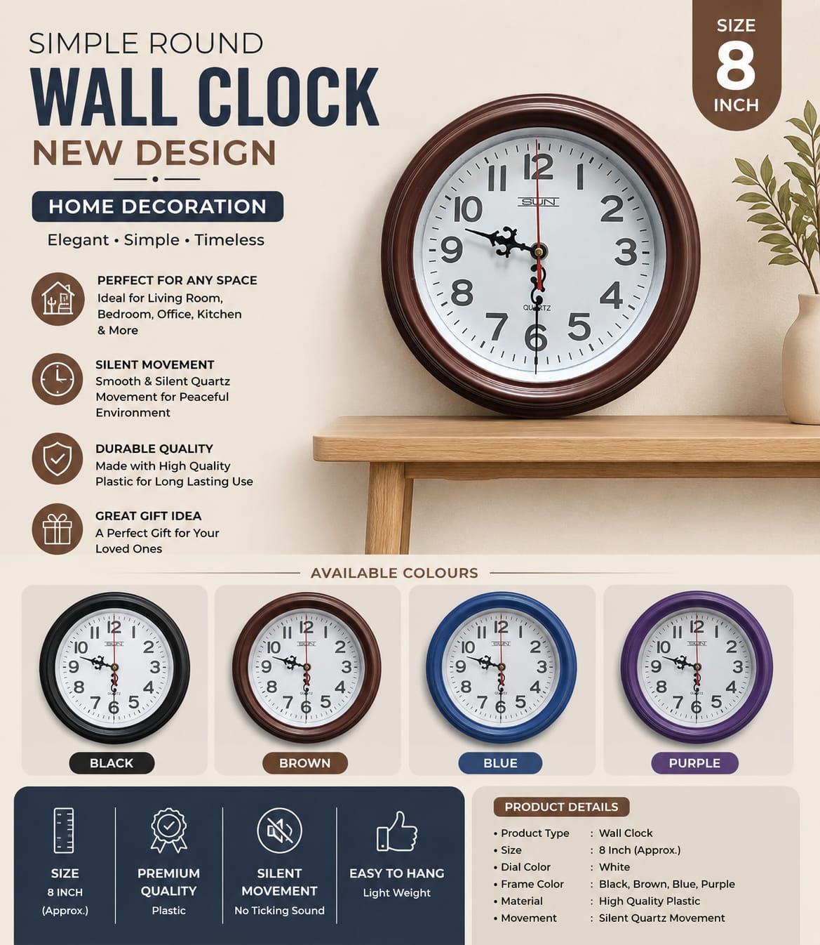 Home Decoration Simple Round New Design Plastic Wall Clock