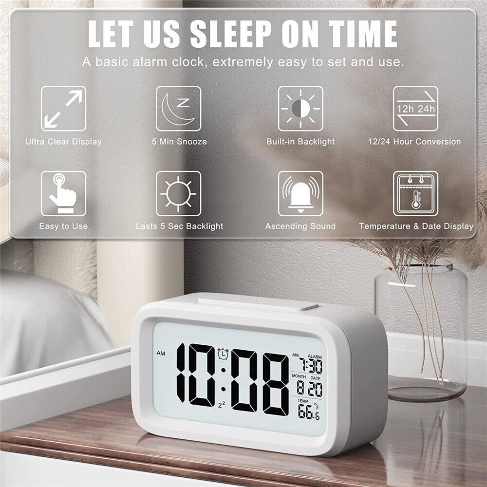 Digital Bedside LED Snooze Alarm Clock Time Temperature Day/Night