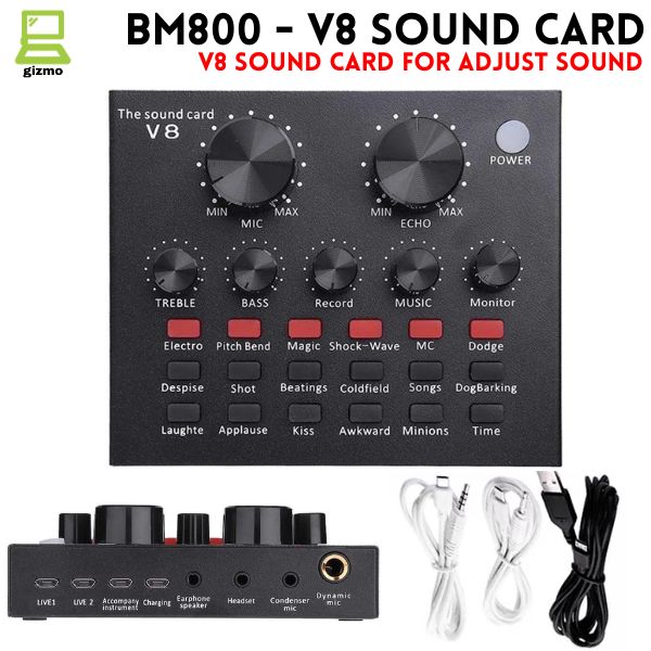 V8 Sound Card & V10 Sound Card Bluetooth Audio Mixer & Voice Changer - 12 Sound Effects Lithium Rechargeable Battery - For Live Streaming & Broadcasting & Podcast - Compatible With PC Computer - Black