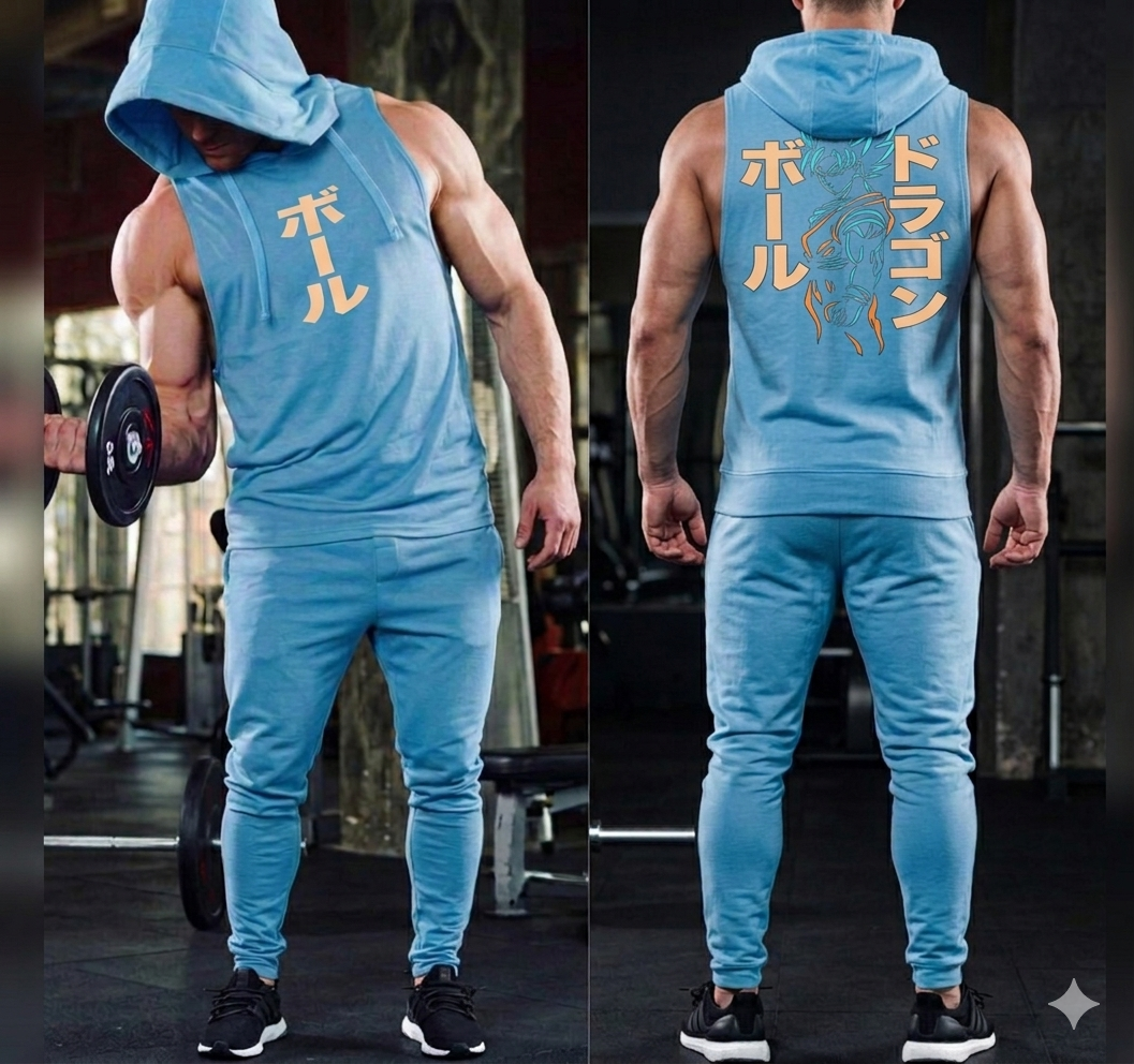 Gym Printed Summer Hooded Sleeveless Tracksuit for Mens (Hooded Tshirt + Trouser )