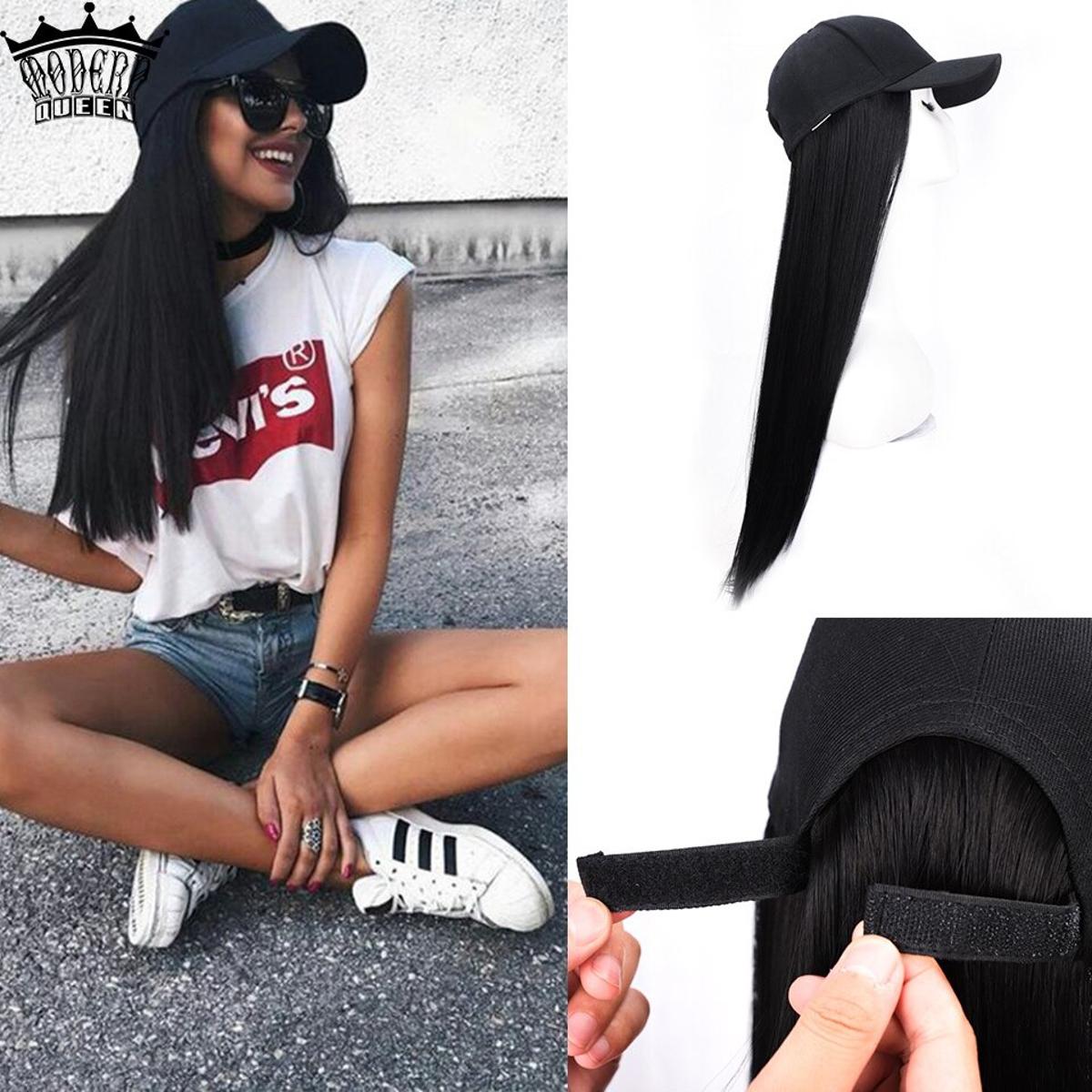 Long Synthetic Baseball Cap Hair Wig Natural Black / Brown Straight Wigs Naturally Connect Synthetic Hat Wig Adjustable For Girl