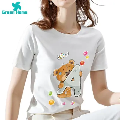 Green Home Women T-shirt Bear Letter Cartoon Pattern Round