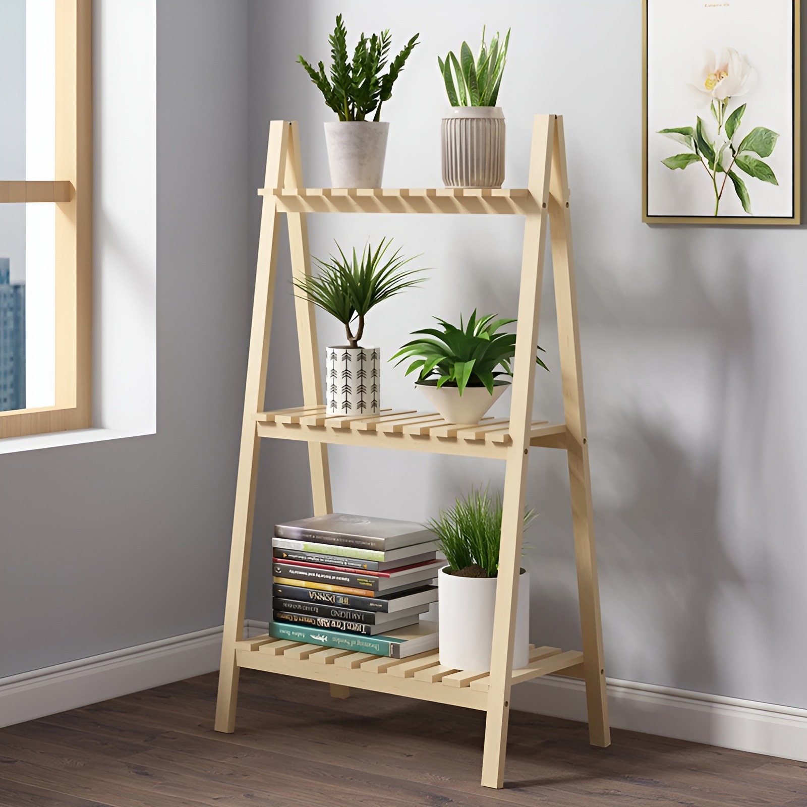 Wooden Plant Stand 2 Tier Foldable Flower Pot Display Shelf Rack Solid Wood Floor Two-layer Storage Balcony Folding Flower Stand