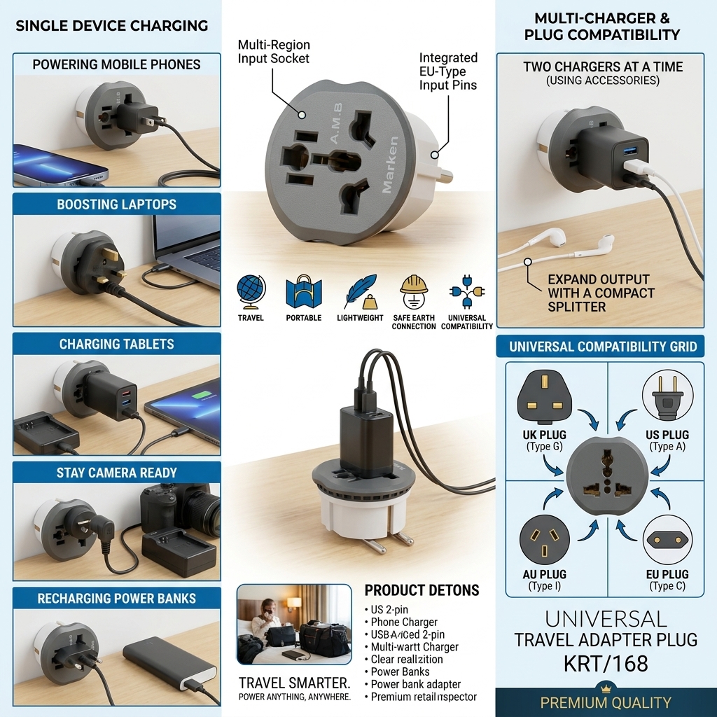 Universal Travel Adapter Plug KRT/168 | Universal Socket Adapter | 10/16A 250V EU 2 Pin Plug | Travel Plug Converter | UK US AU EU Compatible | Portable Adapter