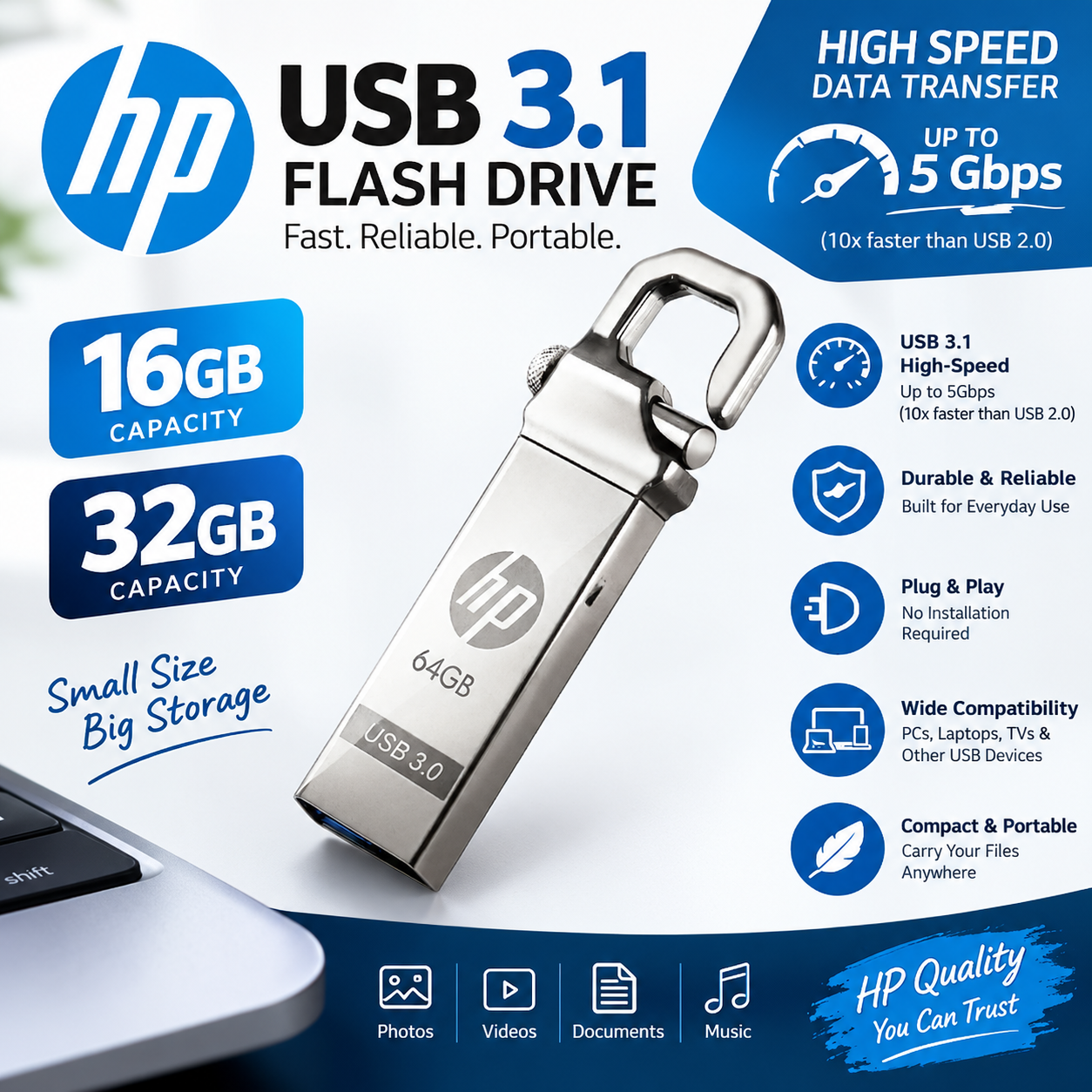 HP 8/16/32/64 GB USB High Speed 3.1 Flash Memory Stick USB Drive Metal