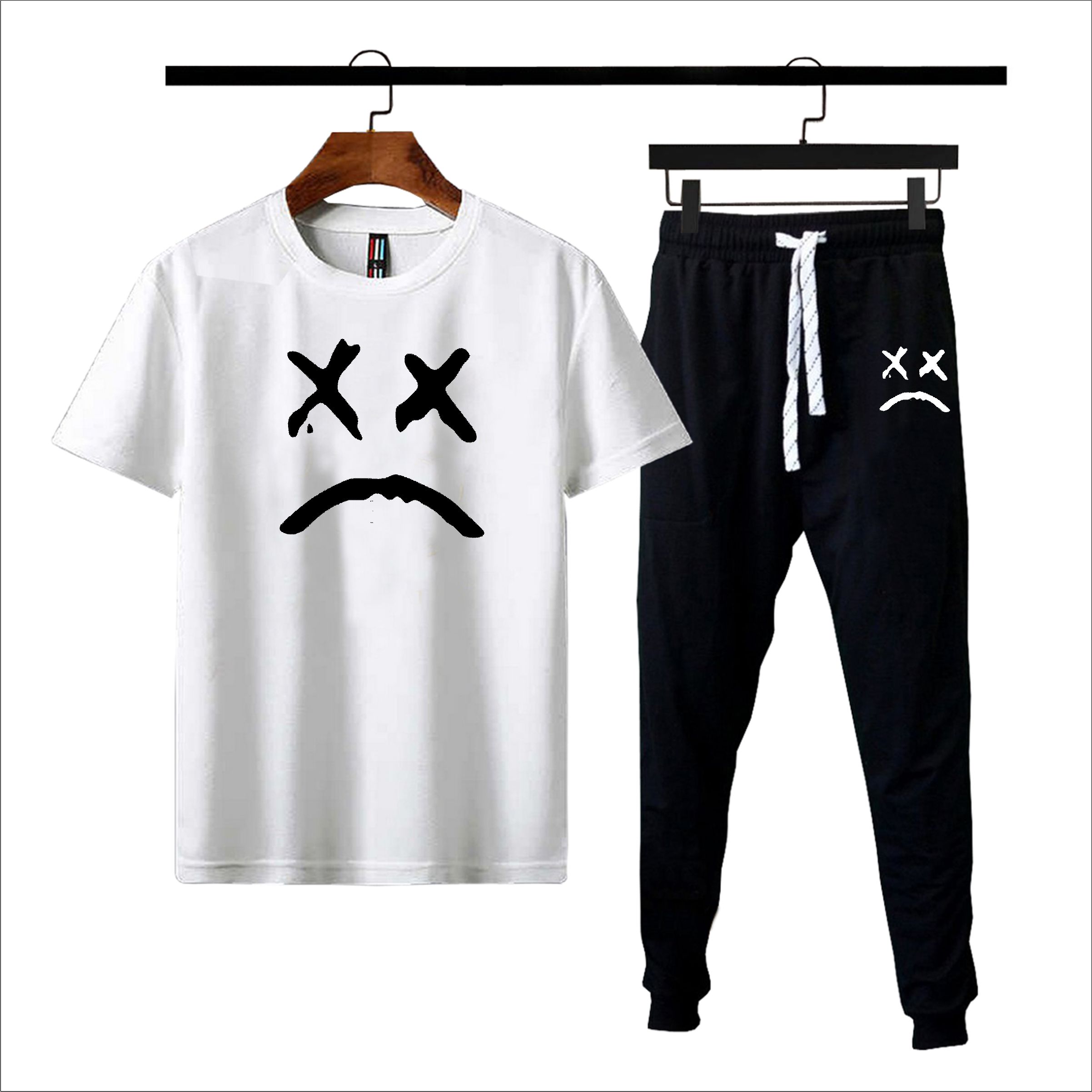 Black Sad face printed Summer Tracksuit For Men & Boys - Soft & Comfortable Fabric T Shirt & Trouser Printed Tracksuit